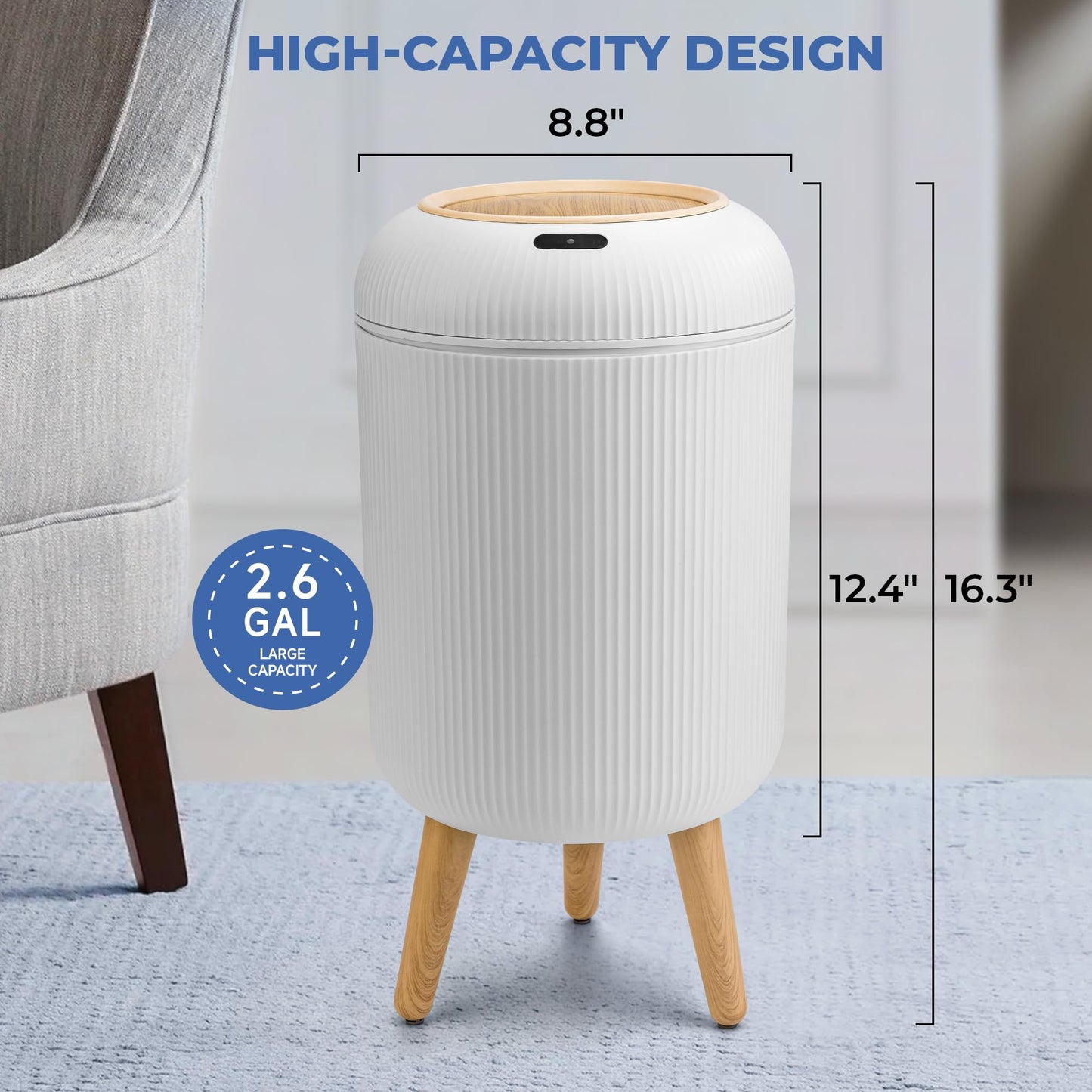Touchless Motion Sensor Trash Can with Lid, Waterproof, Suitable for Kitchen, Bathroom, Bedroom, Office, and Outdoor (White & Black)