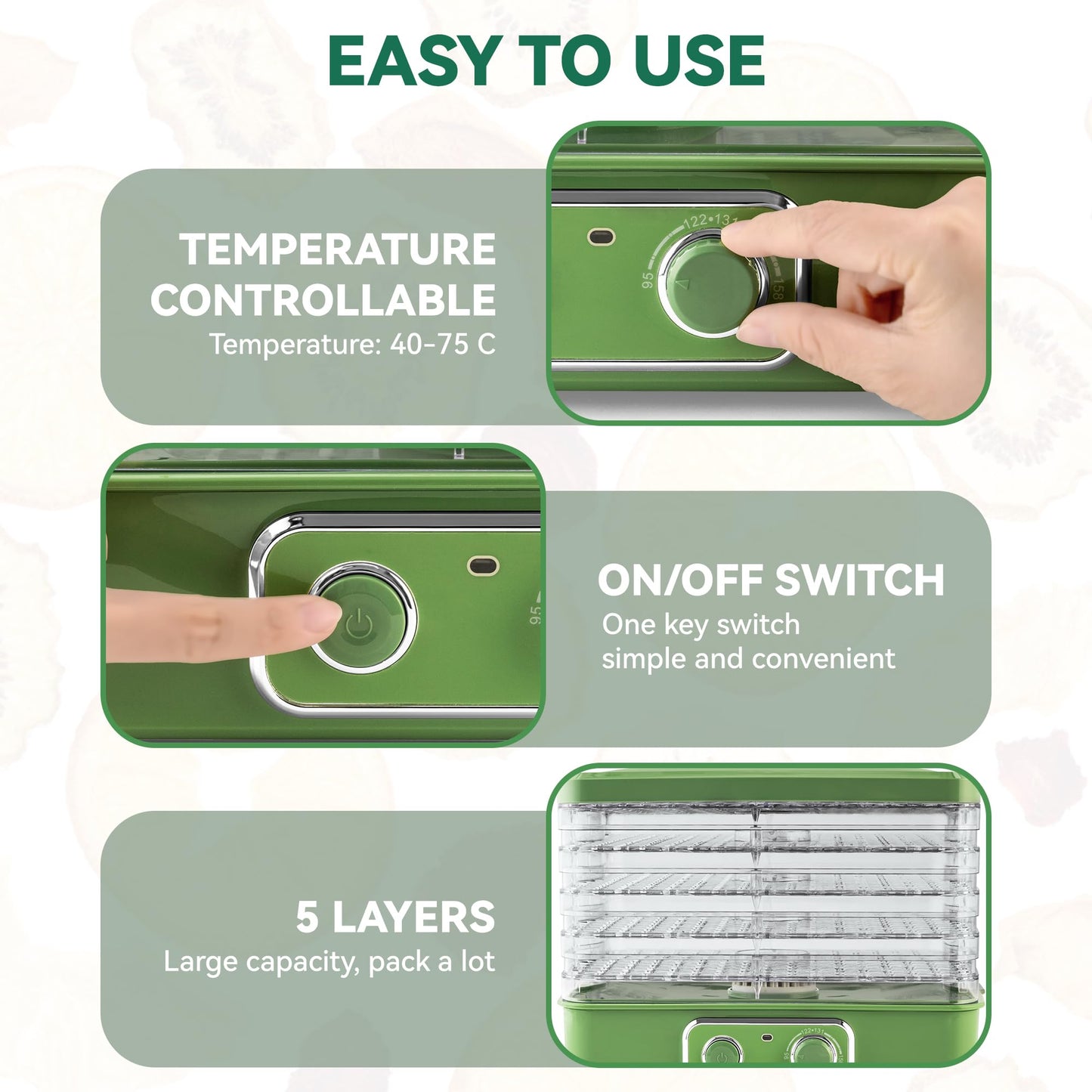SUSTEAS Versatile Food Dehydrators: 5 BPA-Free Stackable Trays, Adjustable Temperature Controls for Jerky, Fruits, Meats, Vegetables, Snacks, Herbs, and Greens - 240W