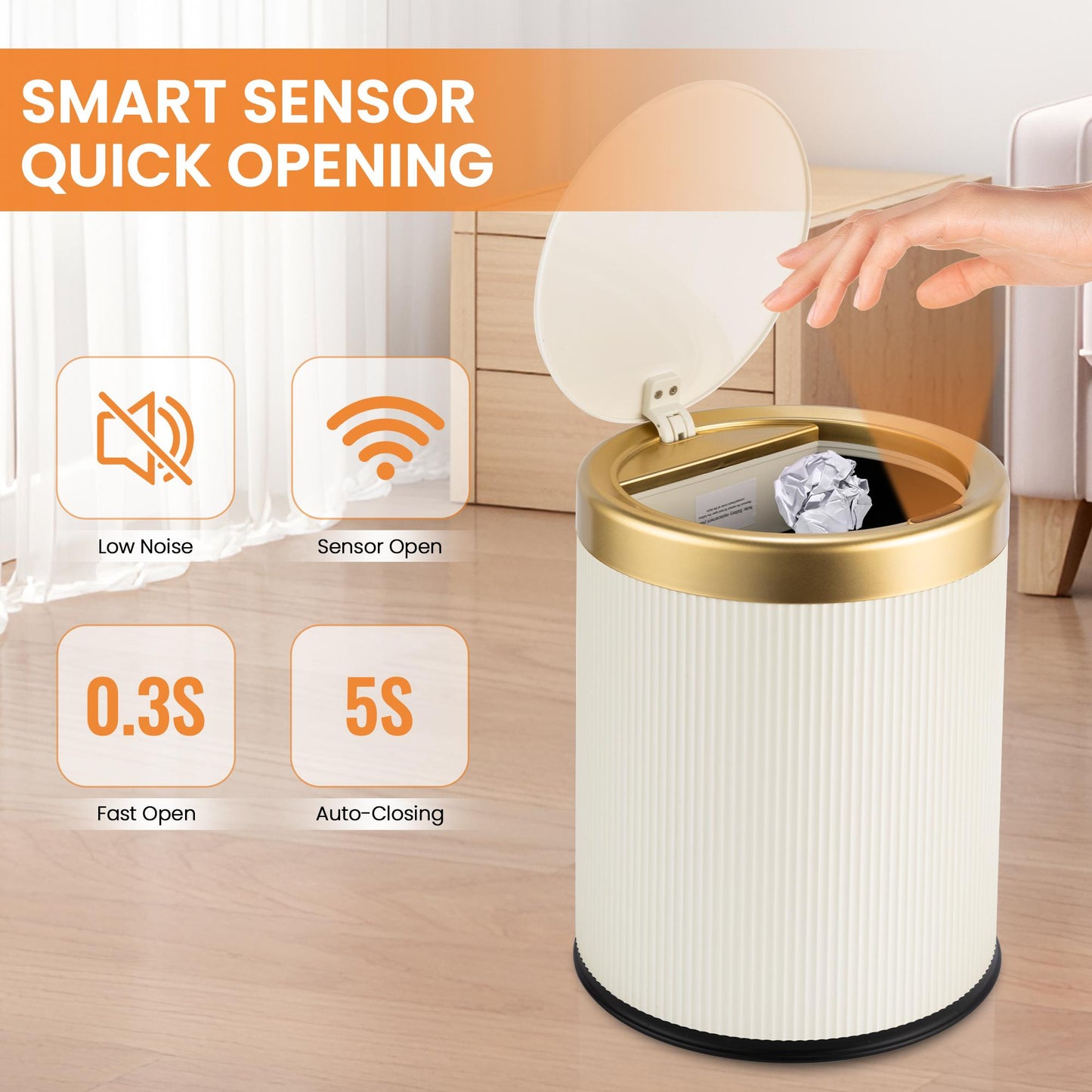 3.5 Gallon Touchless Trash Can with Lid, Automatic Waterproof Smart Bin for Kitchen, Bathroom, Bedroom, Office