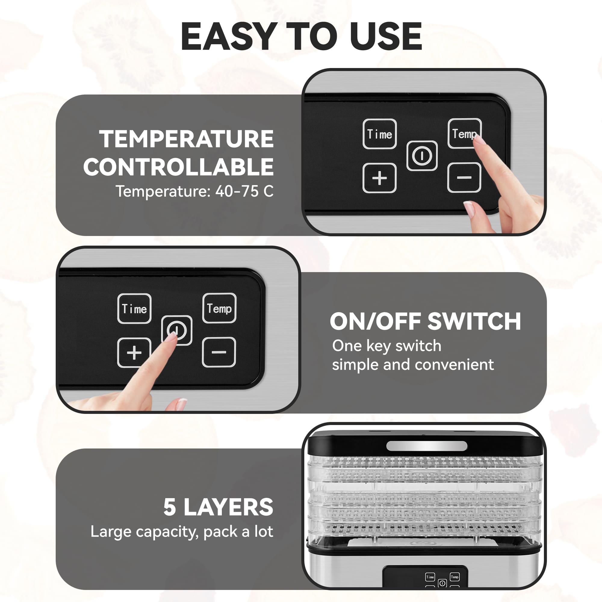 SUSTEAS Food Dehydrator, 5 Trays, Adjustable Temperature