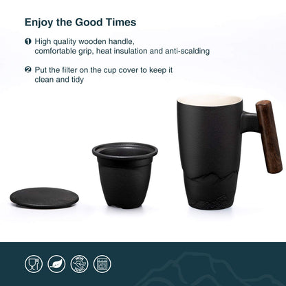 Tomotime Ceramic Tea Cup with Infuser and Lid Tea Mugs Wooden Handle 400ml/13.5oz (Black)