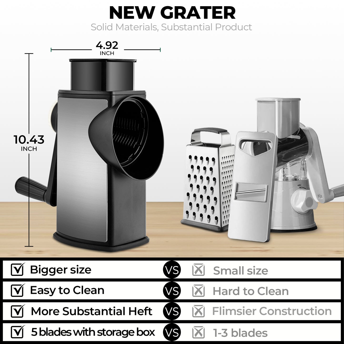 SUSTEAS Rotary Cheese Grater with Handle, Kitchen Mandoline Vegetable Slicer with 5 Interchangeable Blades, Easy to Clean, Strong Suction, Grater Slicer for Fruit, Vegetables, Nuts, with Storage Case