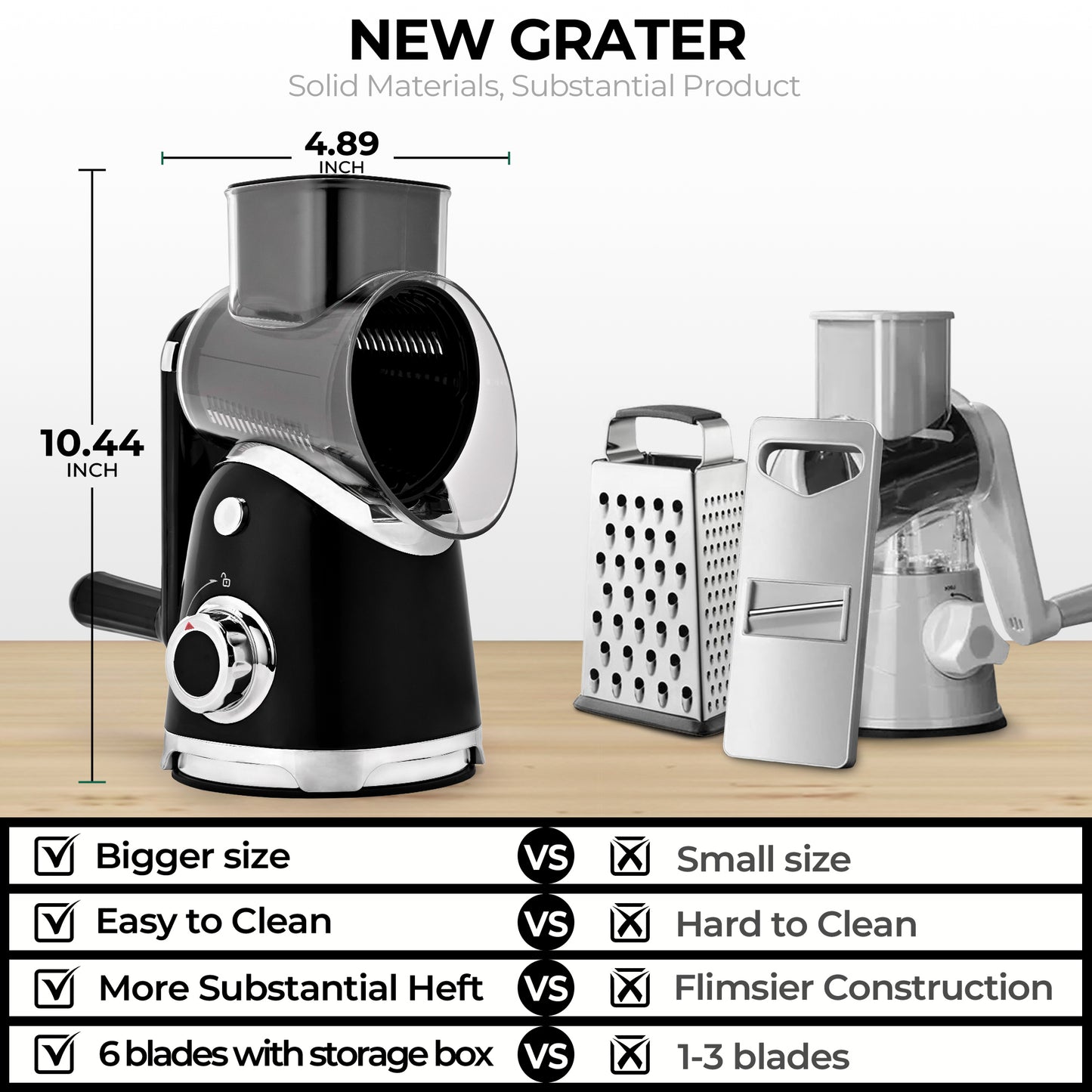 SUSTEAS New Rotary Cheese Grater with Handle, Vegetable Food Shredder with 5 Well-designed Blades & Strong Suction Base, Round Mandoline Slicer & Fruit Slicer for Kitchen(Black)