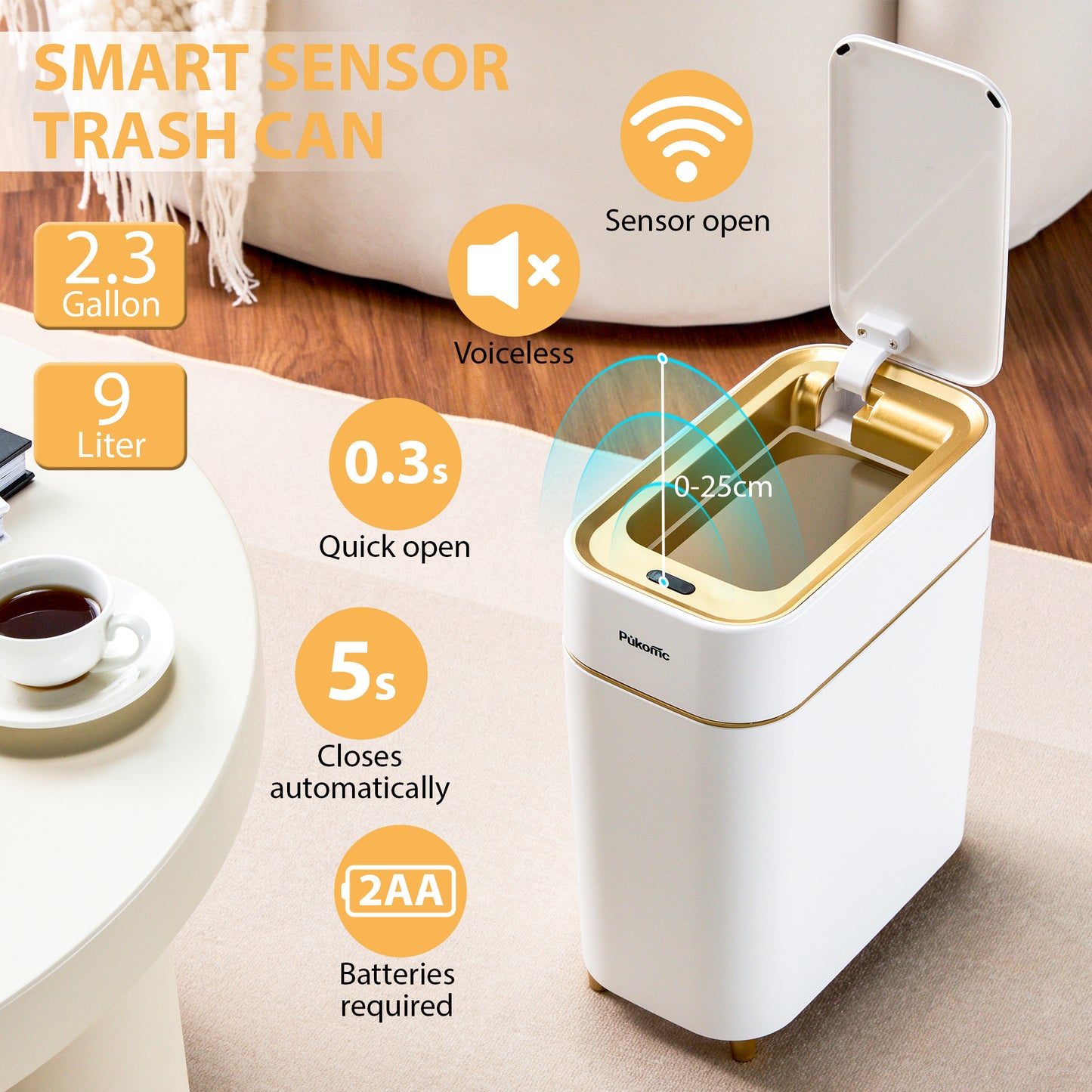 SUSTEAS Automatic Adsorption Sensor Trash Can, 2.3 Gallon / 9L, White Gold