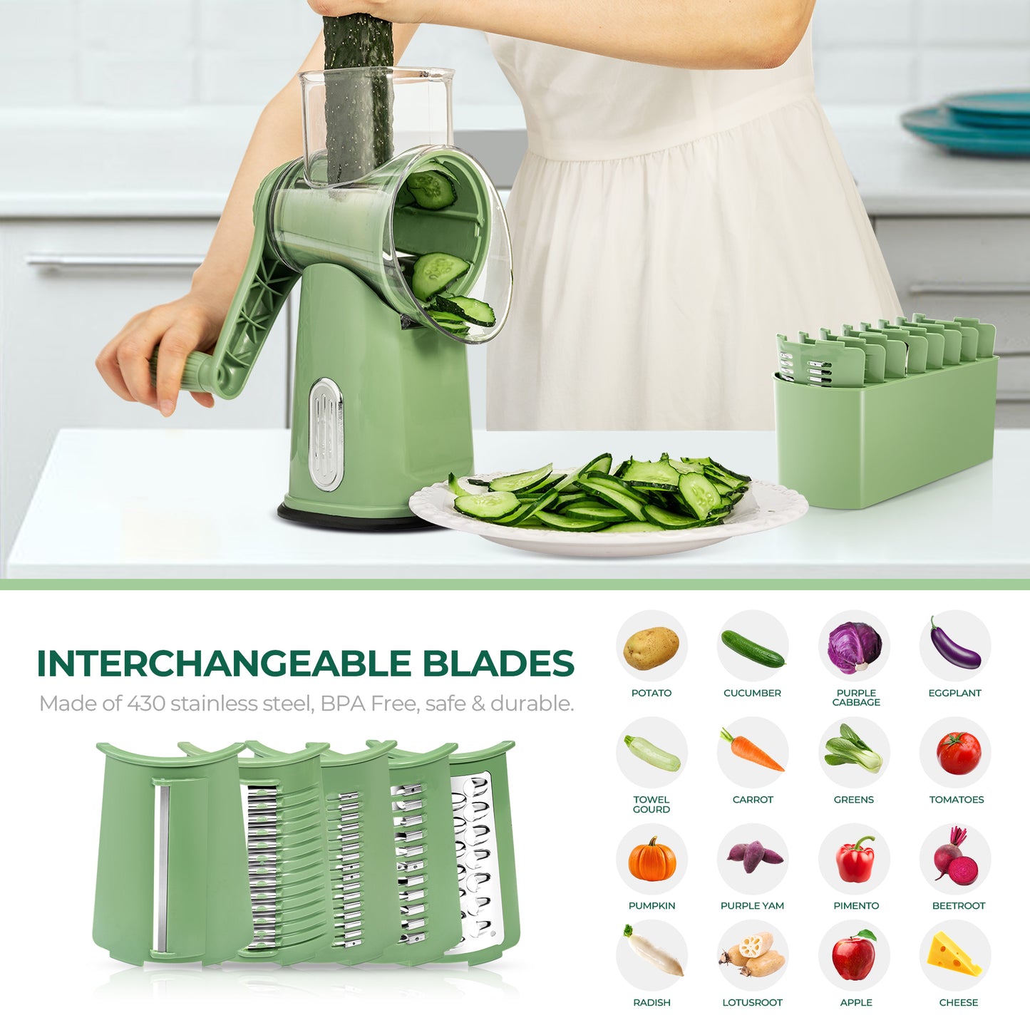 SUSTEAS Rotary Food Cheese Grater Accessories 4 Blades and 1 Blade Storage Box