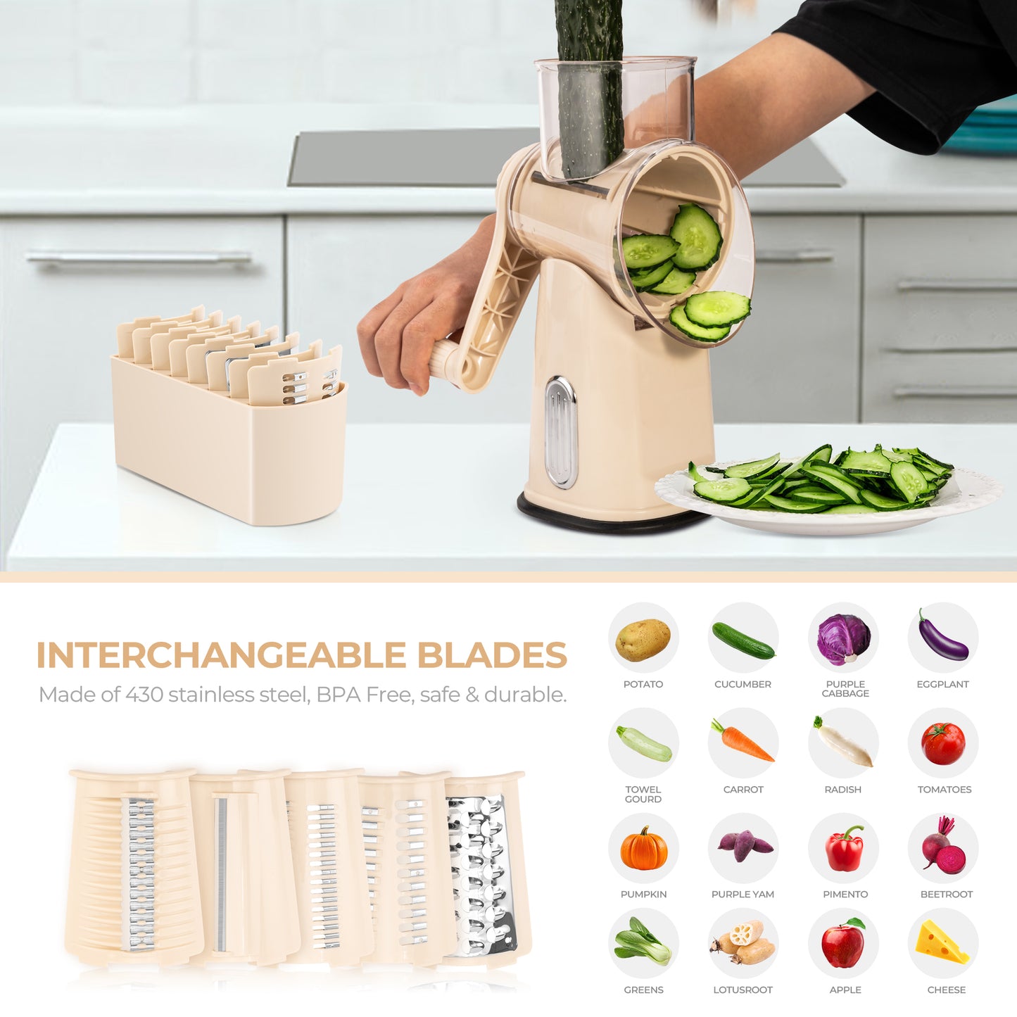 SUSTEAS Rotary Food Cheese Grater Accessories 4 Blades and 1 Blade Storage Box