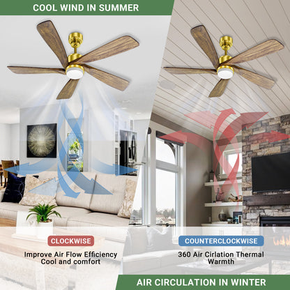 52 Inch Golden Low Profile Wood Ceiling Fan With Remote Control and Light, Reversible DC motor