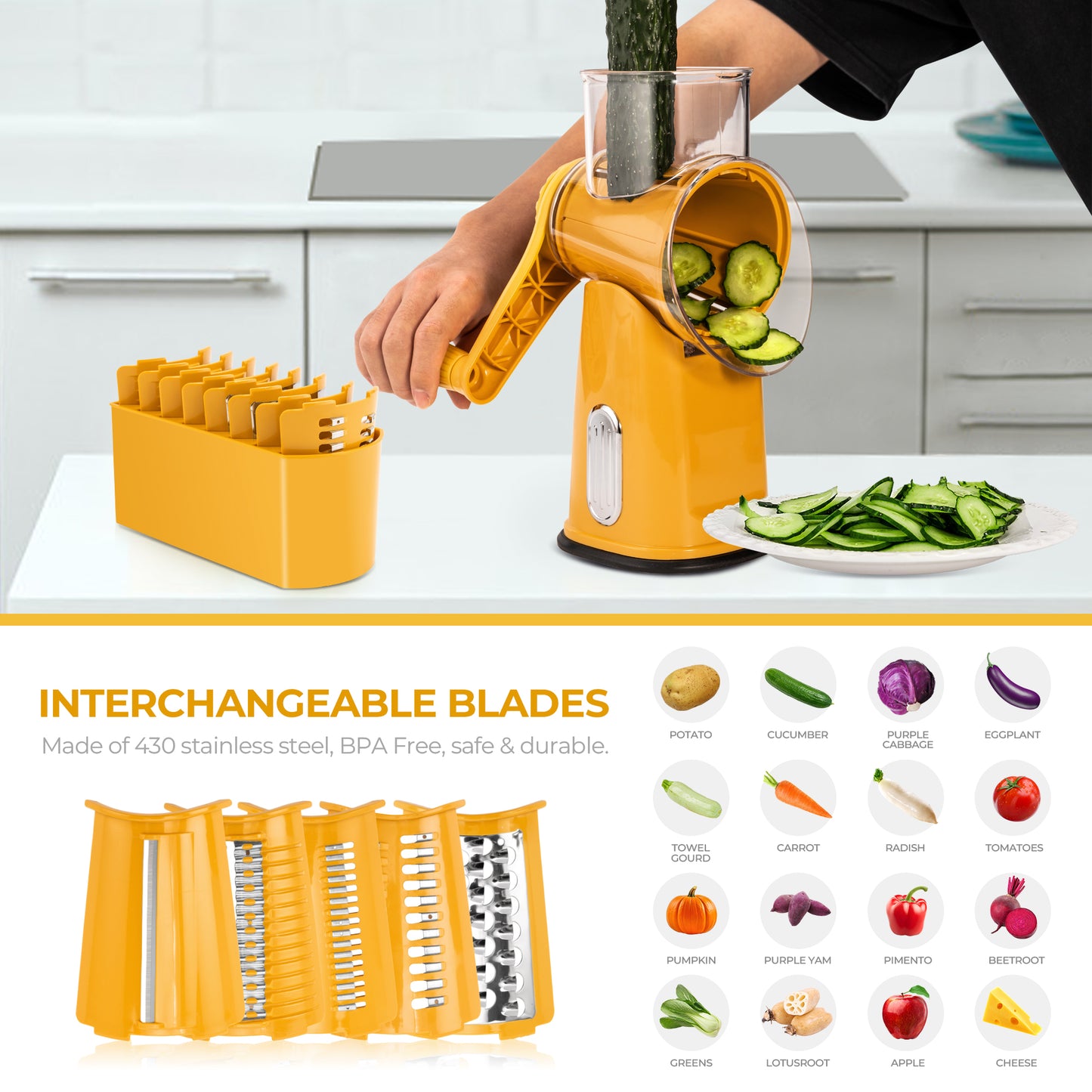 SUSTEAS Rotary Food Cheese Grater Accessories 4 Blades and 1 Blade Storage Box