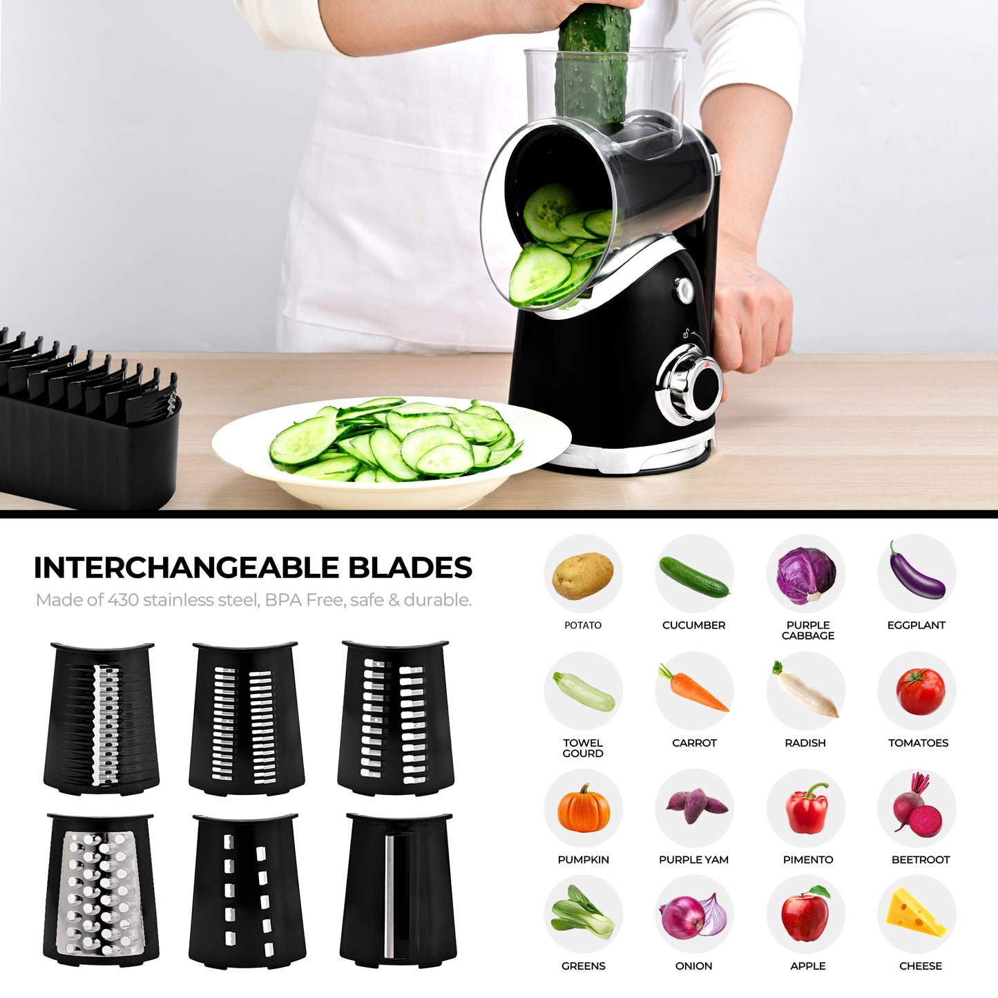 SUSTEAS New Rotary Cheese Grater with Handle, Vegetable Food Shredder with 5 Well-designed Blades & Strong Suction Base, Round Mandoline Slicer & Fruit Slicer for Kitchen(Black)
