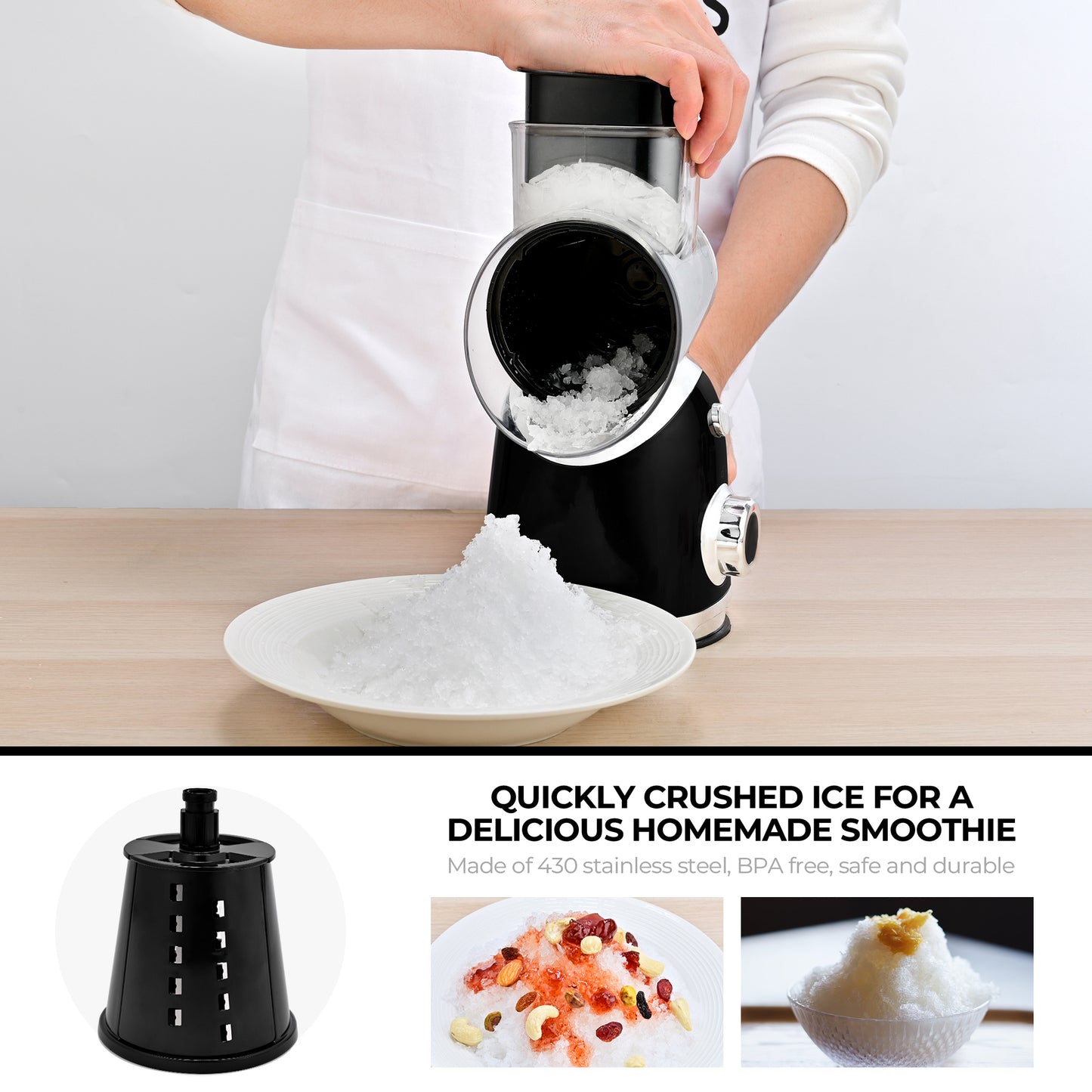 SUSTEAS New Rotary Cheese Grater with Handle, Vegetable Food Shredder with 5 Well-designed Blades & Strong Suction Base, Round Mandoline Slicer & Fruit Slicer for Kitchen(Black)