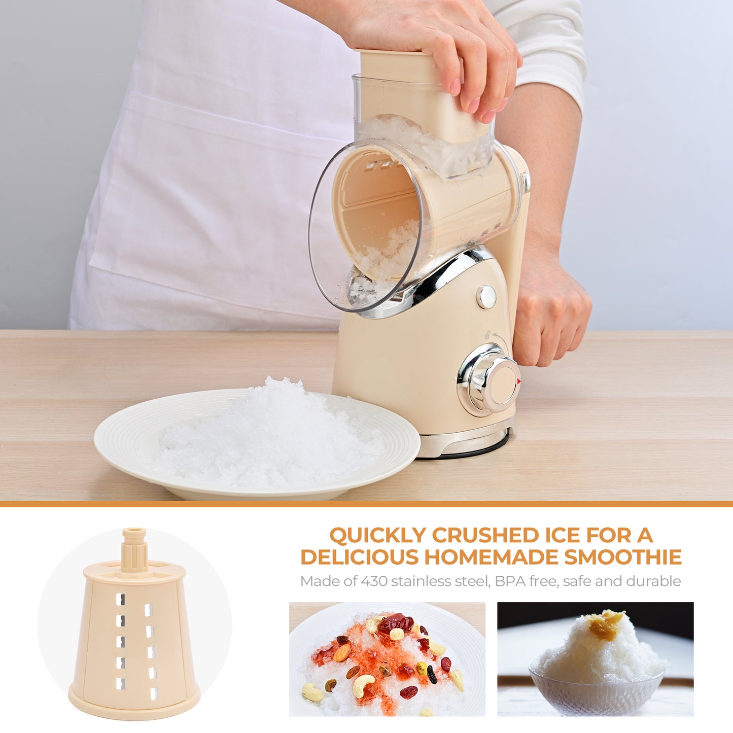 SUSTEAS New Rotary Cheese Grater with Handle, Vegetable Food Shredder with 5 Well-designed Blades & Strong Suction Base, Round Mandoline Slicer & Fruit Slicer for Kitchen(Beige)