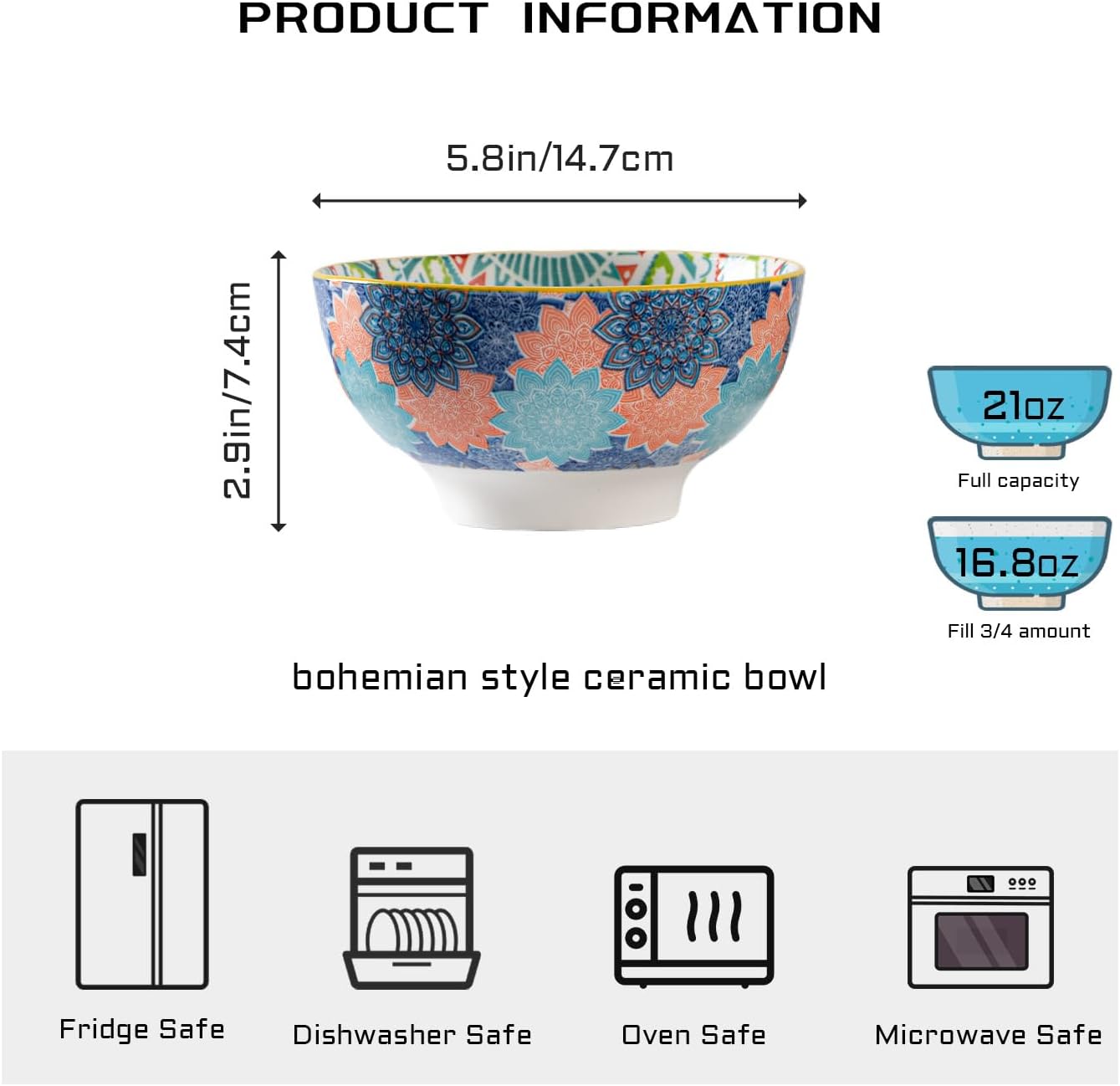 SUSTEAS 21 oz ceramic soup bowls set of 6, colorful porcelain bowls are great gifts and decorations, microwave and dishwasher safe Tableware