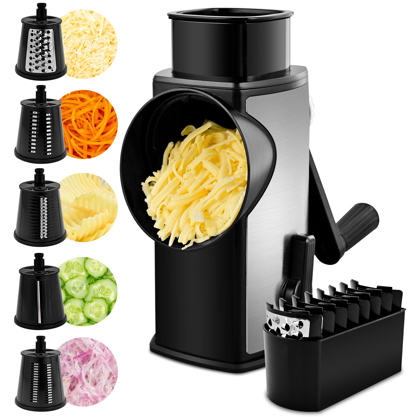 SUSTEAS Rotary Cheese Grater with Handle, Kitchen Mandoline Vegetable Slicer with 5 Interchangeable Blades, Easy to Clean, Strong Suction, Grater Slicer for Fruit, Vegetables, Nuts, with Storage Case