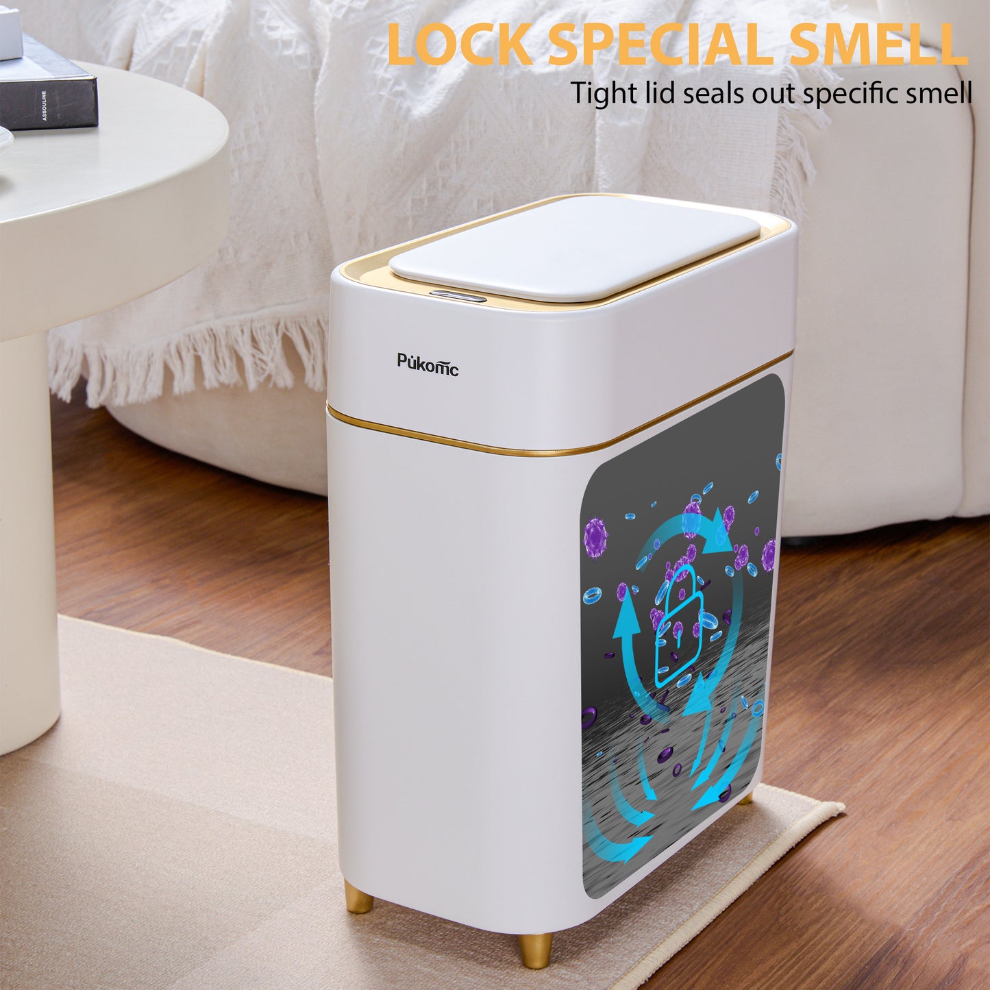 SUSTEAS Automatic Adsorption Sensor Trash Can, 2.3 Gallon / 9L, White Gold