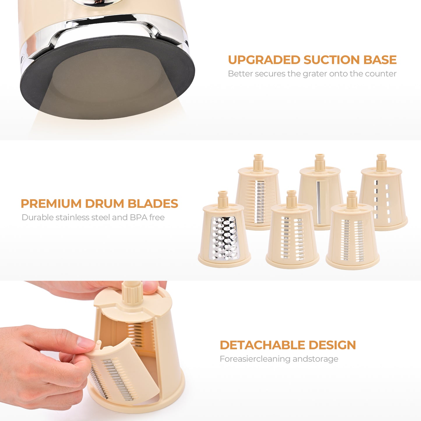 SUSTEAS New Rotary Cheese Grater with Handle, Vegetable Food Shredder with 5 Well-designed Blades & Strong Suction Base, Round Mandoline Slicer & Fruit Slicer for Kitchen(Beige)