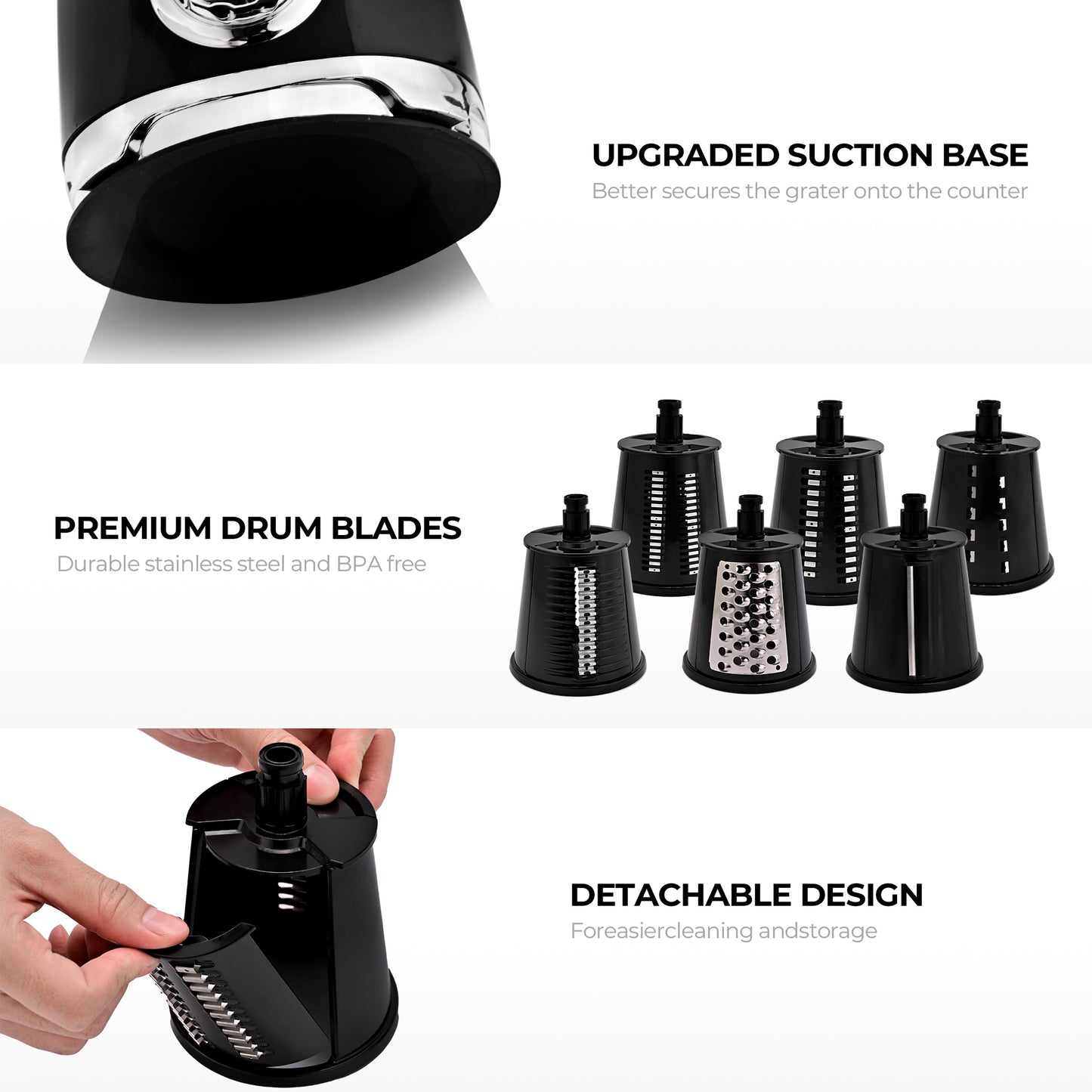 SUSTEAS New Rotary Cheese Grater with Handle, Vegetable Food Shredder with 5 Well-designed Blades & Strong Suction Base, Round Mandoline Slicer & Fruit Slicer for Kitchen(Black)