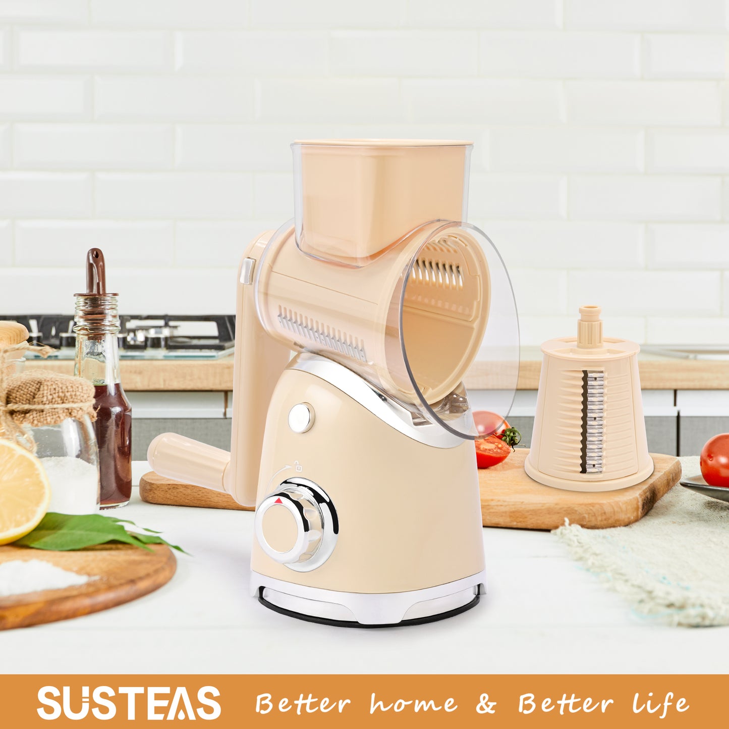 SUSTEAS New Rotary Cheese Grater with Handle, Vegetable Food Shredder with 5 Well-designed Blades & Strong Suction Base, Round Mandoline Slicer & Fruit Slicer for Kitchen(Beige)