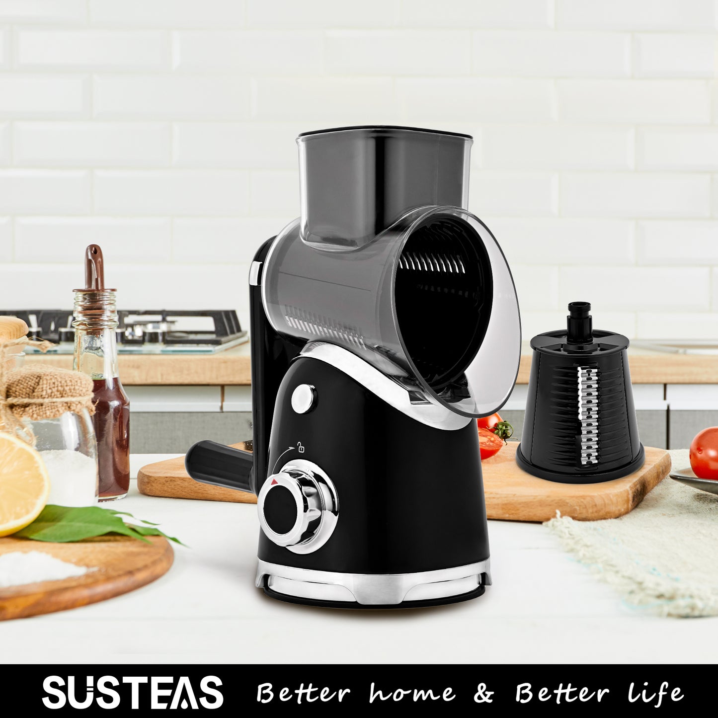 SUSTEAS New Rotary Cheese Grater with Handle, Vegetable Food Shredder with 5 Well-designed Blades & Strong Suction Base, Round Mandoline Slicer & Fruit Slicer for Kitchen(Black)