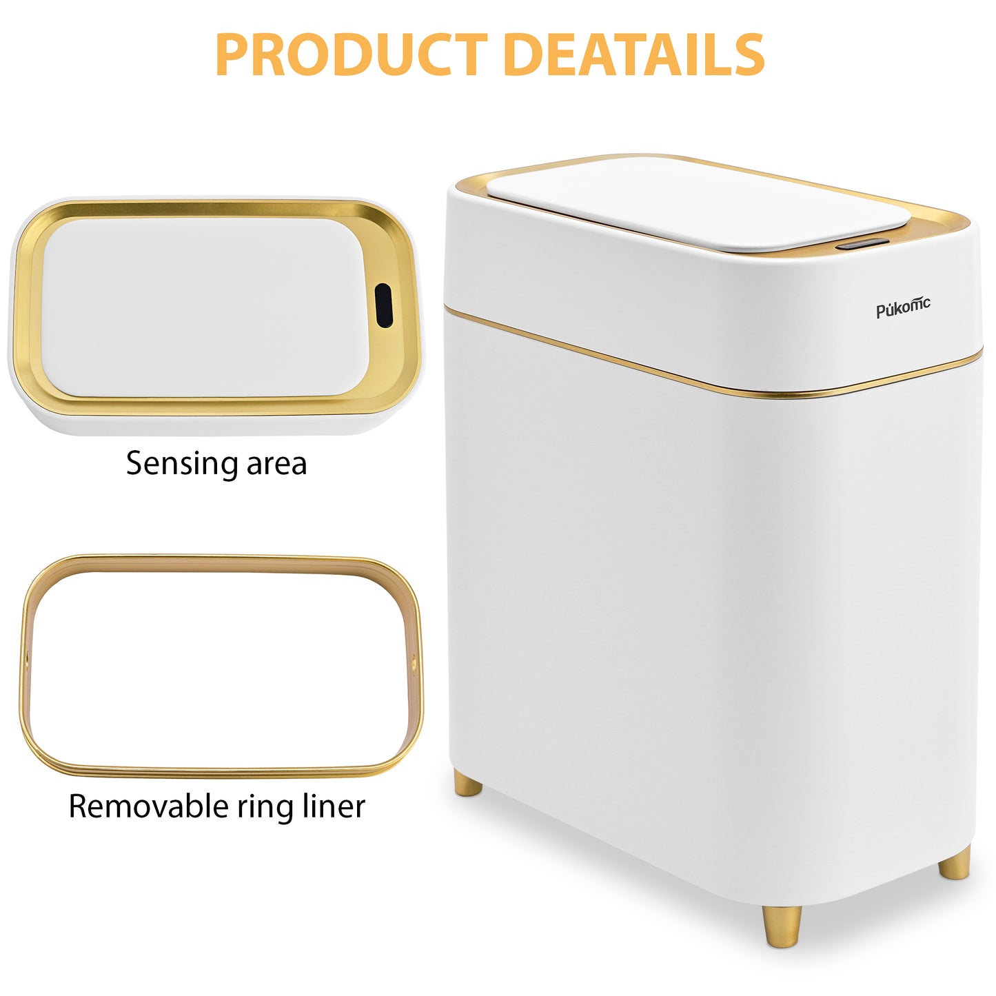 SUSTEAS Automatic Adsorption Sensor Trash Can, 2.3 Gallon / 9L, White Gold