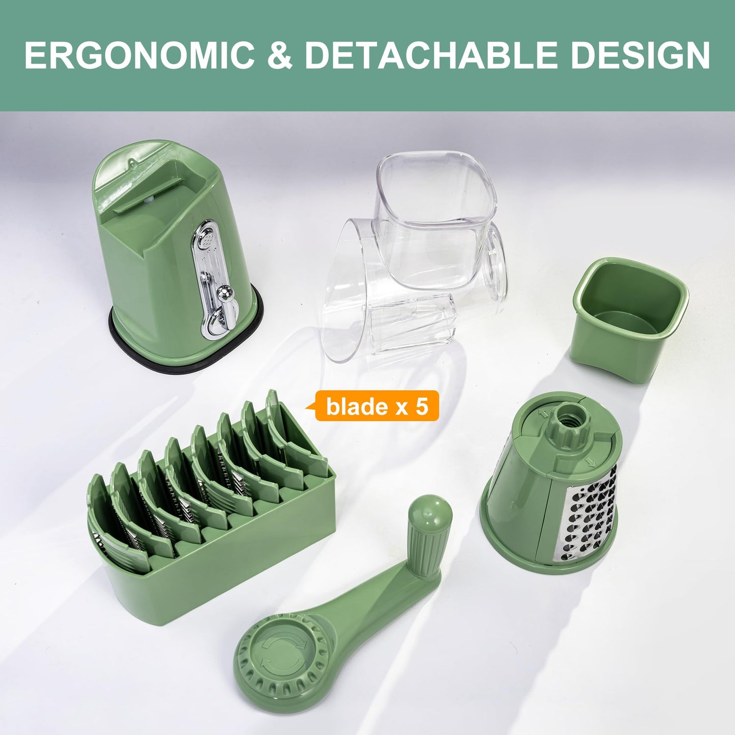 SUSTEAS Rotary Cheese Grater with Handle, Vegetable Food Shredder with 5 Well-designed Blades & Strong Suction Base, Round Mandoline Slicer & Fruit Slicer for Kitchen