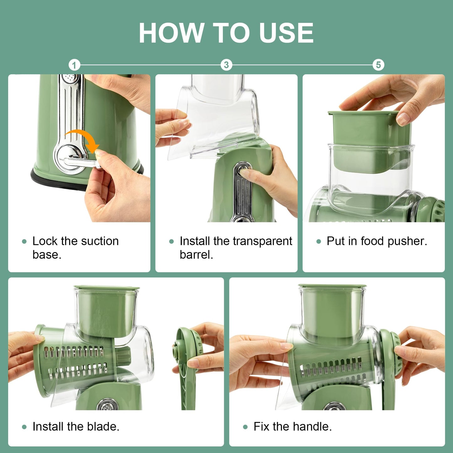 SUSTEAS Rotary Cheese Grater with Handle, Vegetable Food Shredder with 5 Well-designed Blades & Strong Suction Base, Round Mandoline Slicer & Fruit Slicer for Kitchen