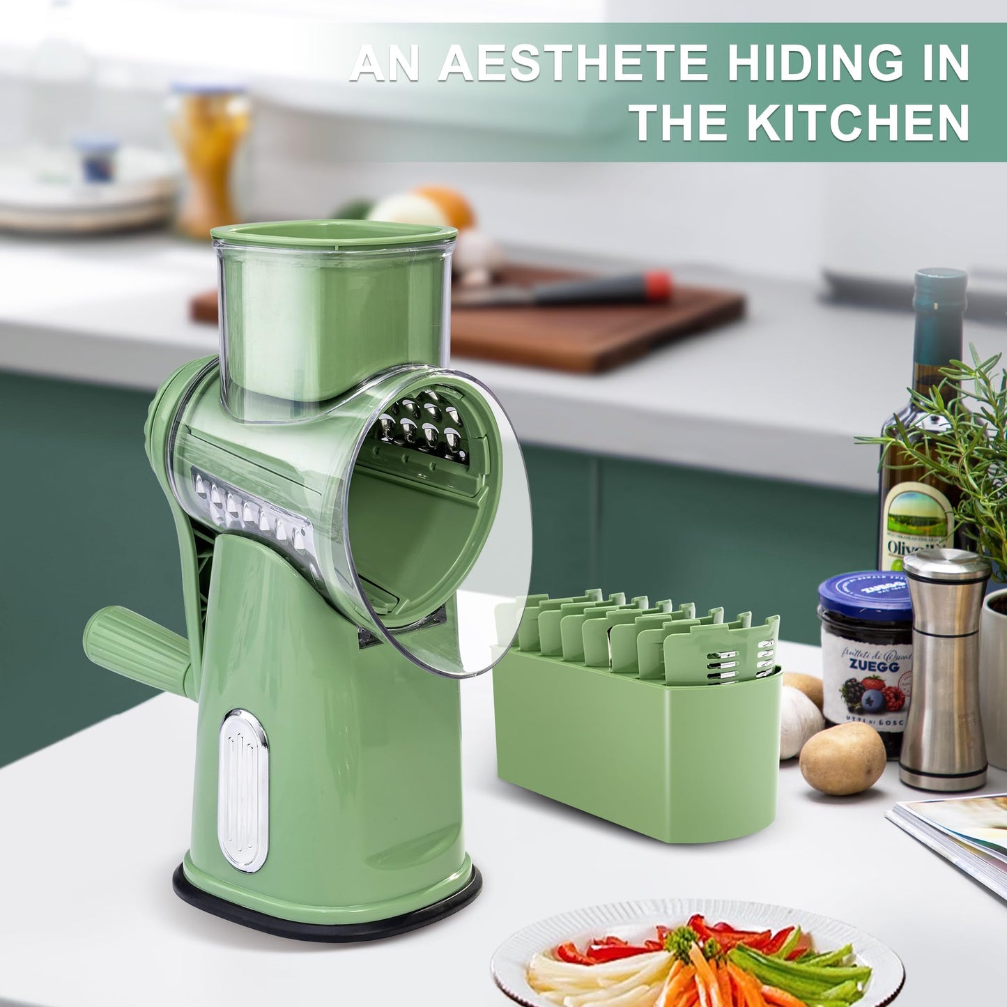 SUSTEAS Rotary Cheese Grater with Handle, Vegetable Food Shredder with 5 Well-designed Blades & Strong Suction Base, Round Mandoline Slicer & Fruit Slicer for Kitchen
