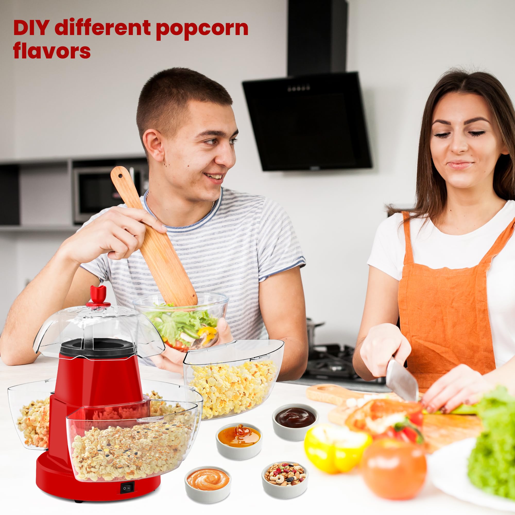 SUSTEAS Electric Popcorn Machine with 4 Serving Bowls & Measuring Cup, Red