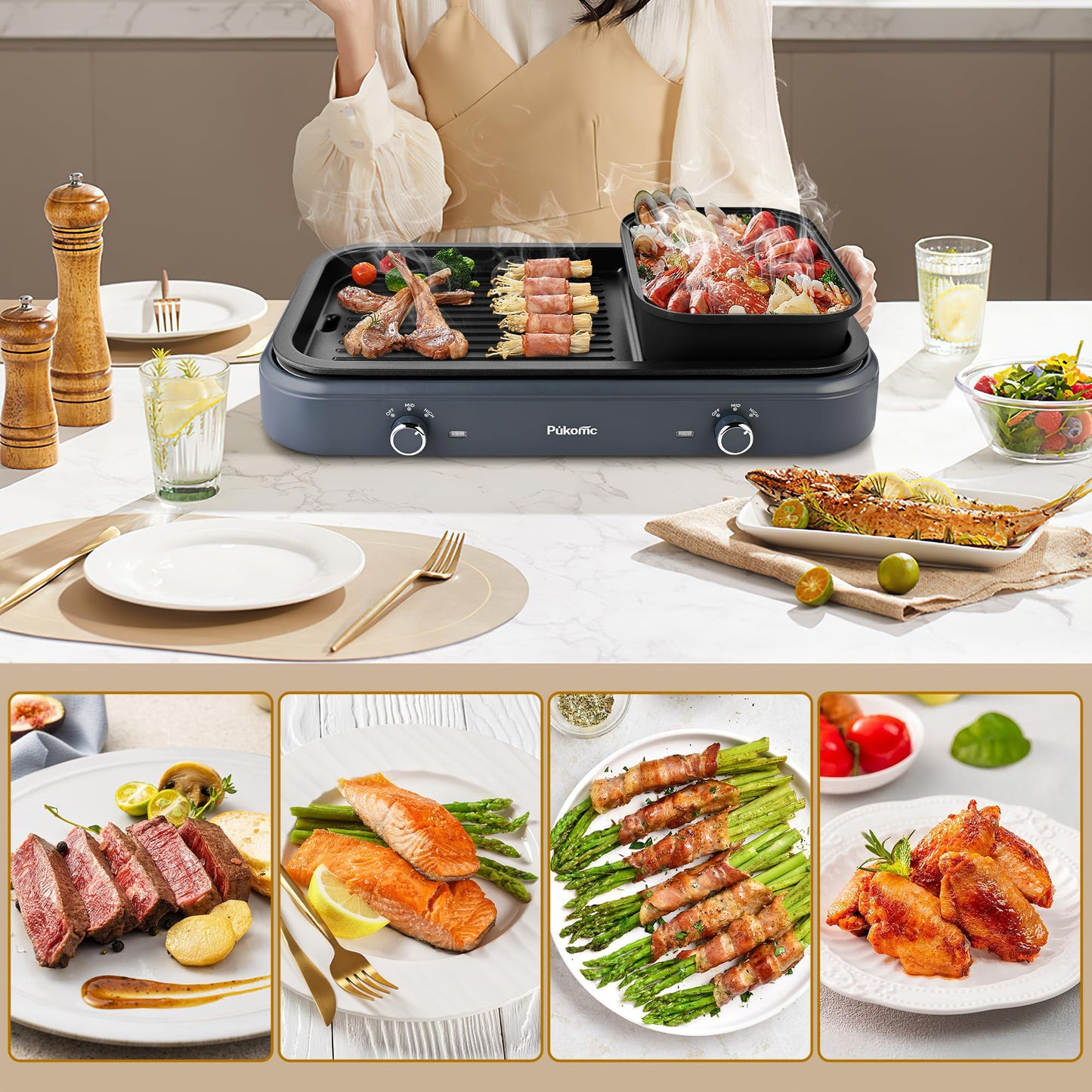 SUSTEAS Electric Grill,1500W Temperature Control, Gray Color