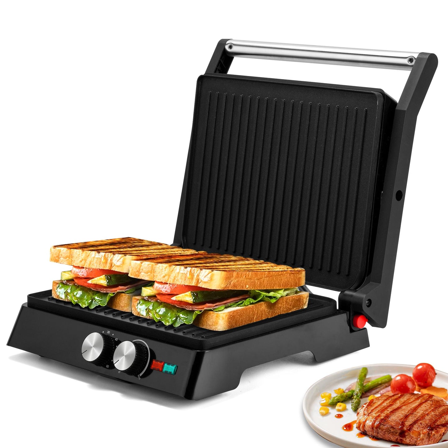 SUSTEAS Indoor Electric Grill - Panini Grill with Non-Stick Cooking Plate, Gourmet Grill with 180 Degree Adjustability, with Grease Collection Tray.