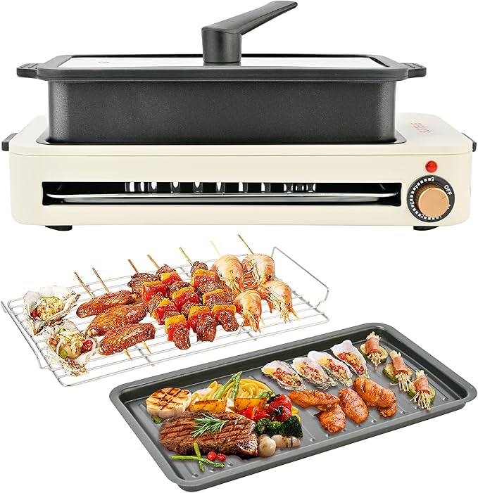 SUSTEAS Electric Indoor Grill 1400W Smokeless Grill with Grill Net, 3 in 1 Indoor Grills, Non-Stick Cooking Removable Plate, Dishwasher Safe