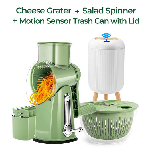 SUSTEAS Rotary Cheese Grater + SUSTEAS 5 in 1 Salad Spinner + Motion Sensor Trash Can with Lid Kitchen Utensils