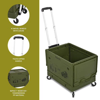 SUSTEAS Trolley Folding Storage Box, Rolling Trolley with Wheels, Multifunctional Trolley for Camping and Shopping, Green 50L