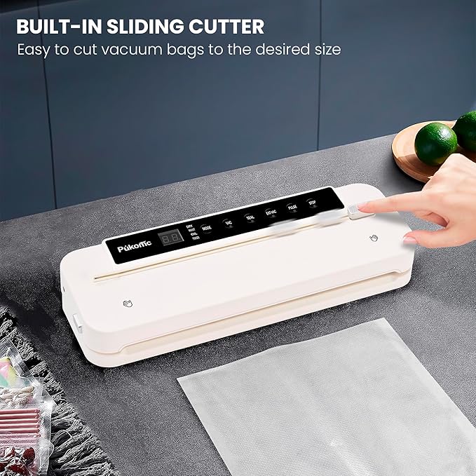 Vacuum Sealer with Built-in Cutter, Automatic Sealing, Wet and Dry Food Modes, LED Countdown Display, Removable for Cleaning