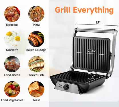 SUSTEAS Sandwich Maker Multi-Purpose Electric Indoor Grill Mother's Day, Non-Stick Panini Press with Grease Tray, 180-Degree Sandwich Maker with Floating and Hinge Cool Touch Handle