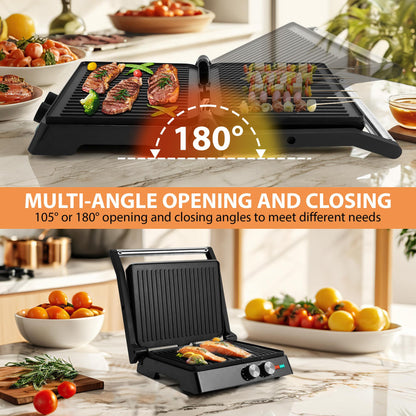 SUSTEAS Indoor Electric Grill - Panini Grill with Non-Stick Cooking Plate, Gourmet Grill with 180 Degree Adjustability, with Grease Collection Tray.