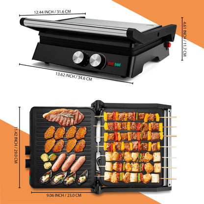 SUSTEAS Indoor Electric Grill - Panini Grill with Non-Stick Cooking Plate, Gourmet Grill with 180 Degree Adjustability, with Grease Collection Tray.