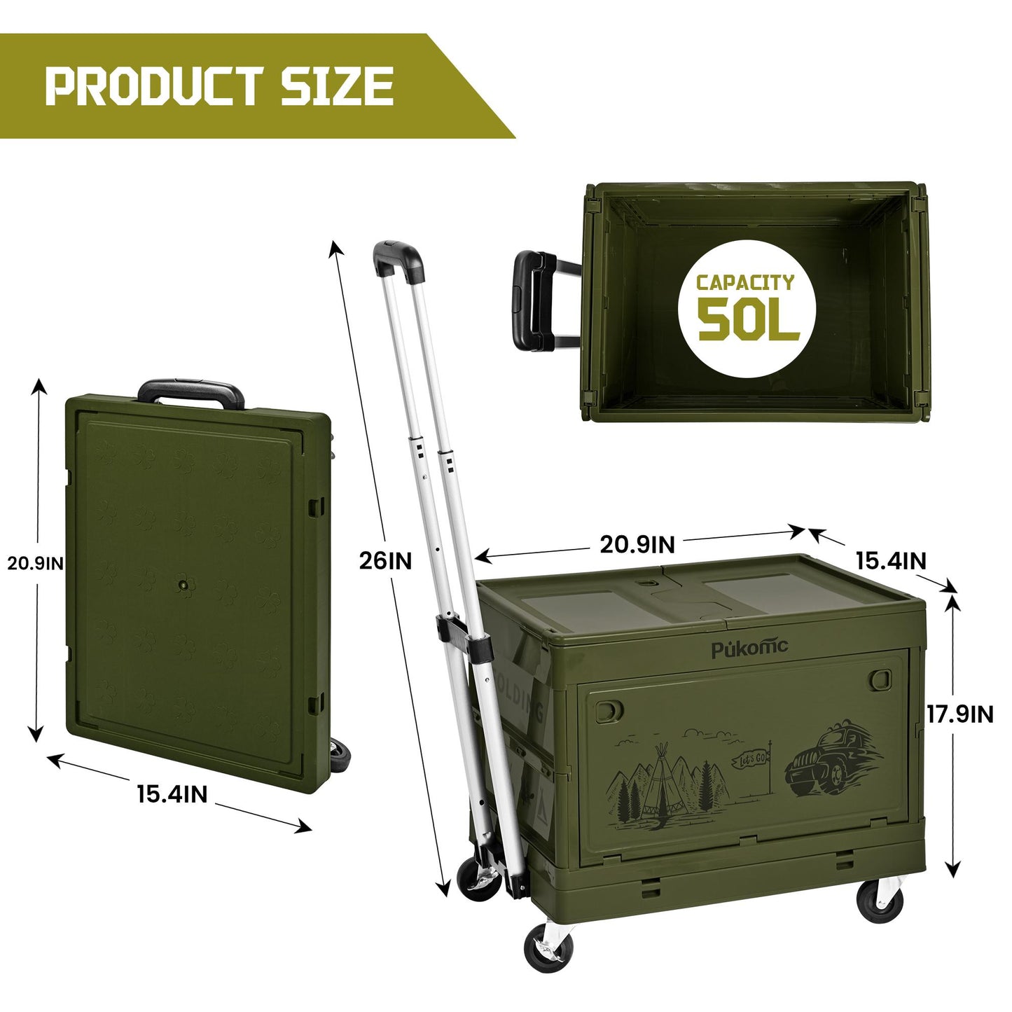 SUSTEAS Trolley Folding Storage Box, Rolling Trolley with Wheels, Multifunctional Trolley for Camping and Shopping, Green 50L