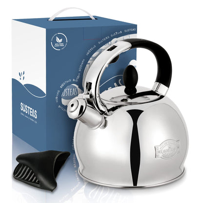 SUMETAS Stove Top Whistling Tea Kettle-Surgical Stainless Steel Teakettle Teapot with Cool Touch Ergonomic Handle,1 Free Silicone Pinch Mitt Included,2.64 Quart(SILVER) Drinkware Jugs