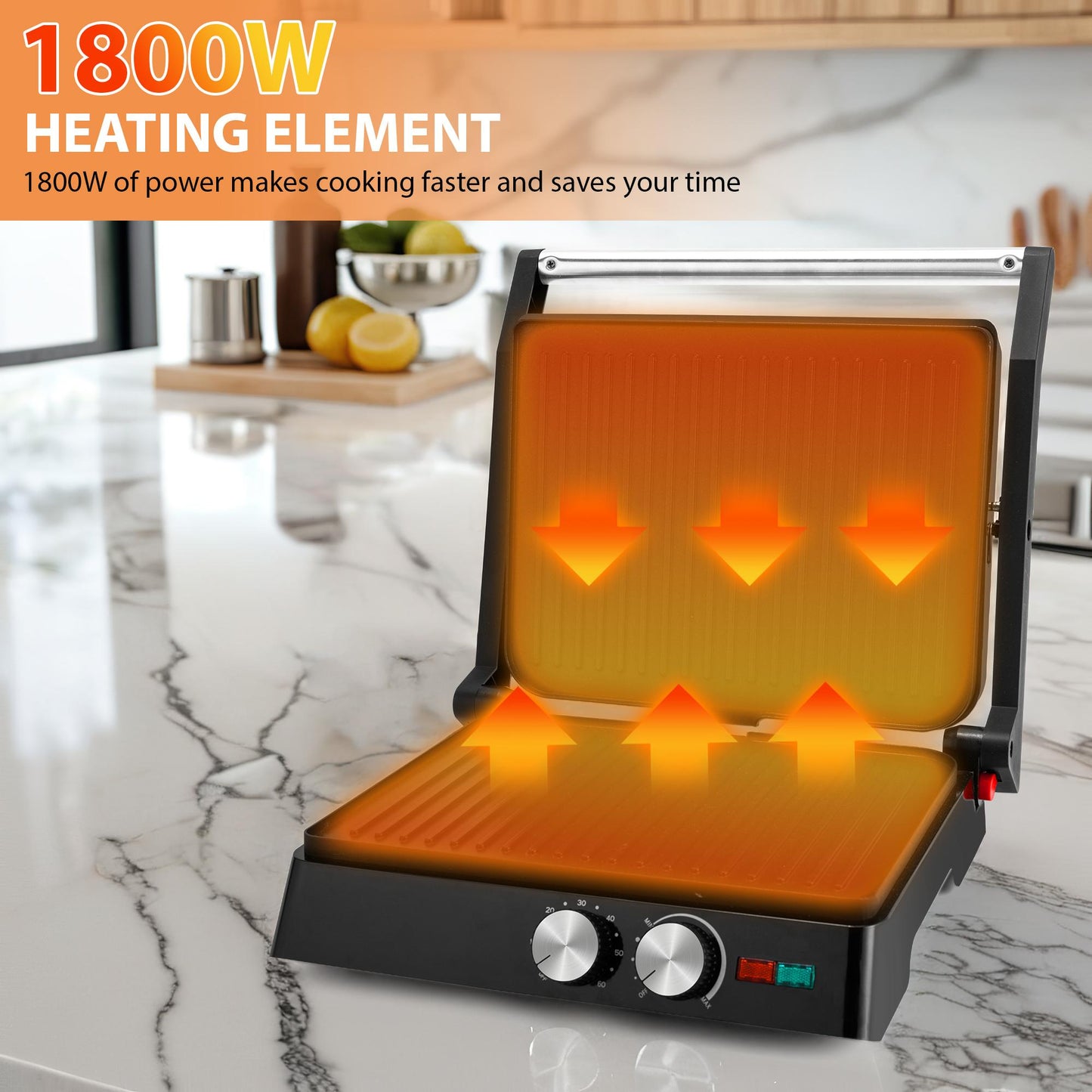 SUSTEAS Indoor Electric Grill - Panini Grill with Non-Stick Cooking Plate, Gourmet Grill with 180 Degree Adjustability, with Grease Collection Tray.