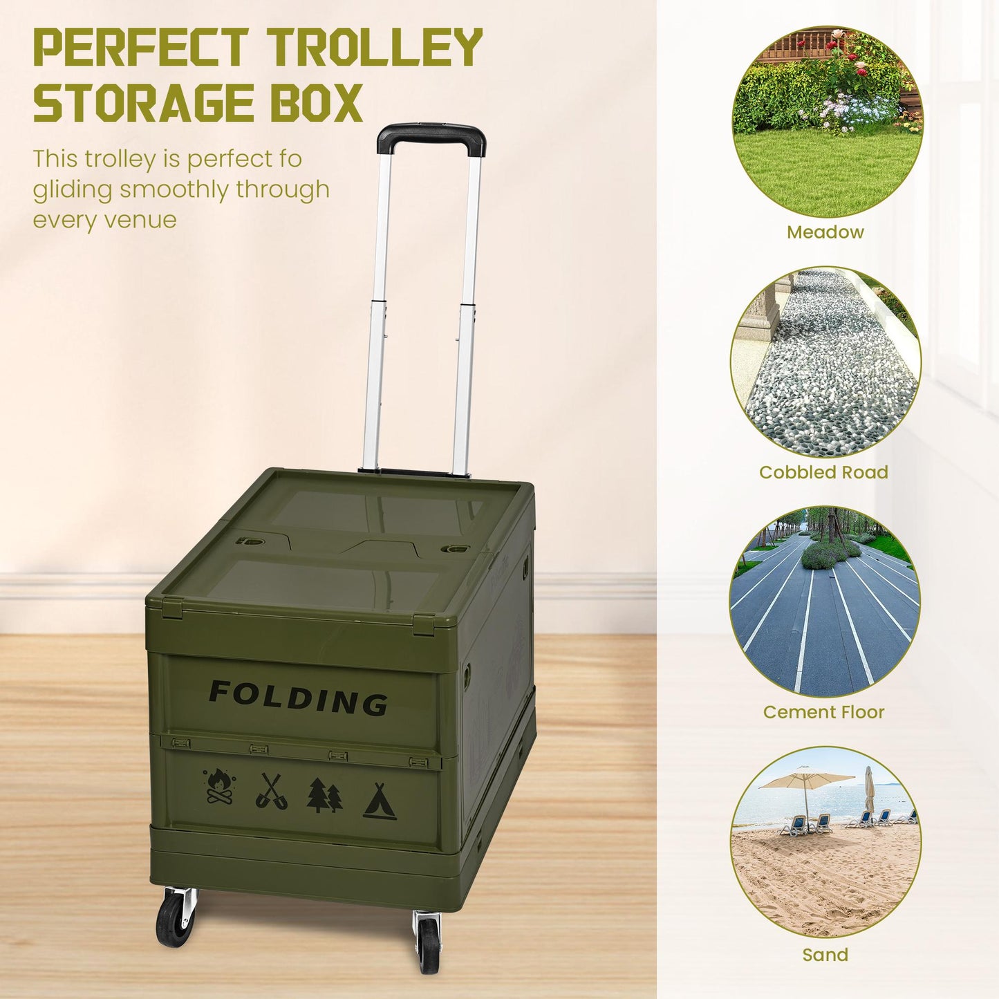 SUSTEAS Trolley Folding Storage Box, Rolling Trolley with Wheels, Multifunctional Trolley for Camping and Shopping, Green 50L