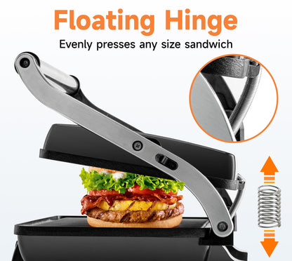 SUSTEAS Sandwich Maker Multi-Purpose Electric Indoor Grill Mother's Day, Non-Stick Panini Press with Grease Tray, 180-Degree Sandwich Maker with Floating and Hinge Cool Touch Handle