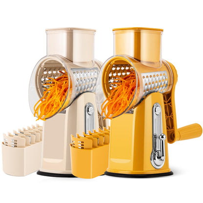 SUSTEAS 2 Packs Rotary Cheese Grater with Handle for Kitchen - 5 Blades, Suction Base, Bonus Blade Storage Box Utensils