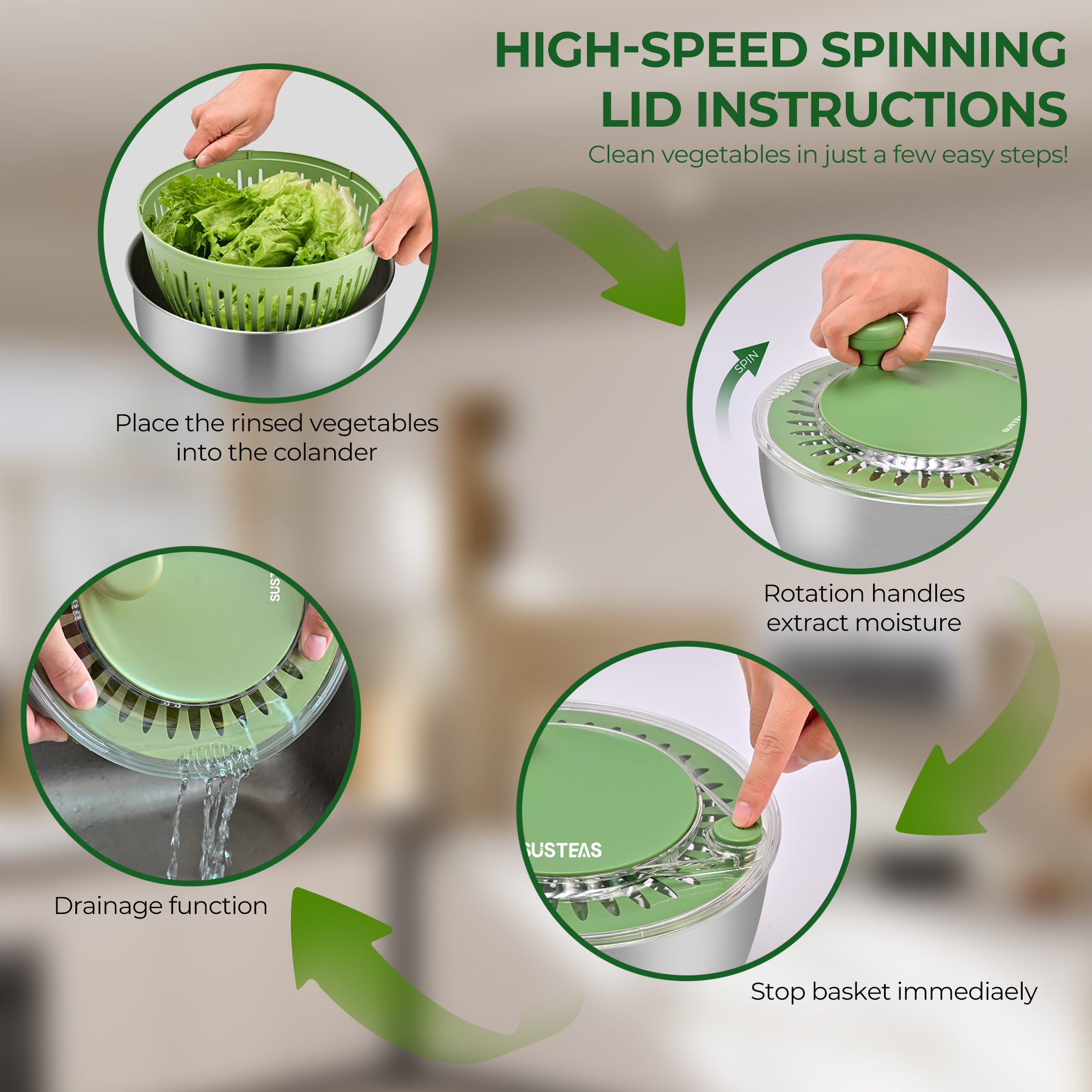 SUSTEAS Salad Spinner, 4.25Qt with 5 Blade Slicer