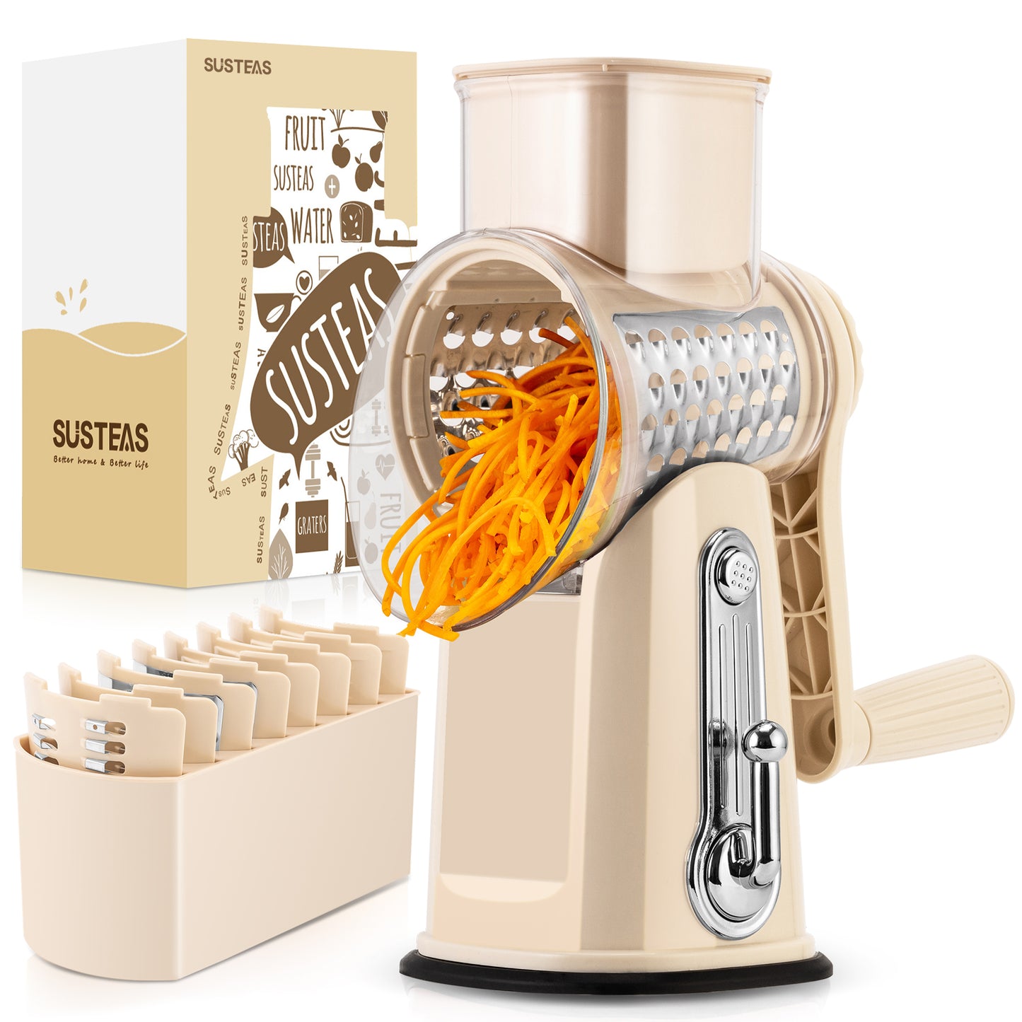 SUSTEAS Rotary Cheese Grater with Handle, Vegetable Food Shredder with 5 Well-designed Blades & Strong Suction Base, Round Mandoline Slicer & Fruit Slicer for Kitchen