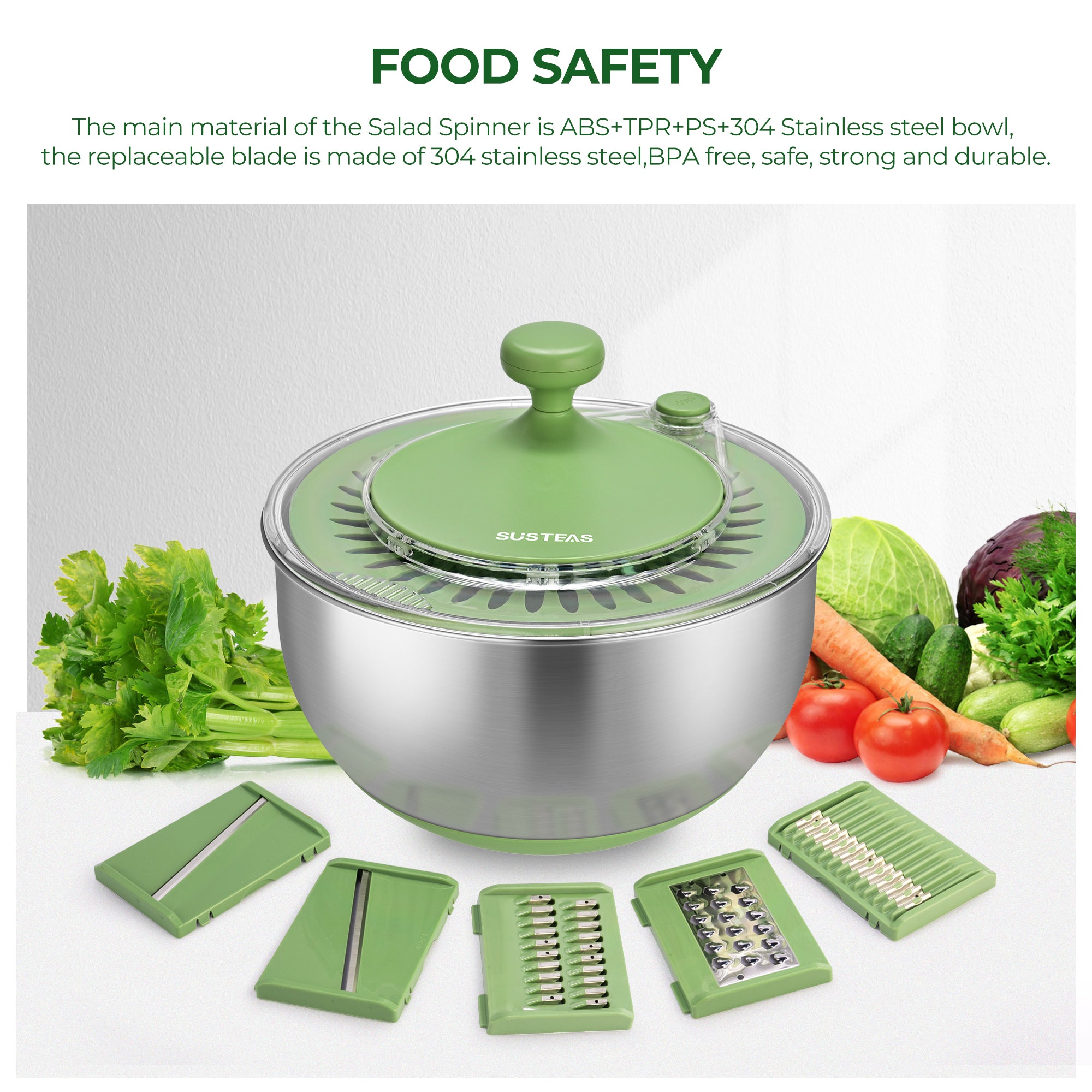 SUSTEAS Salad Spinner, 4.25Qt with 5 Blade Slicer