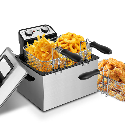 SUSTEAS 5.3Qt Electric Deep Fryer with 3-Baskets for Home, 1800W, Timer & Temp Control, Stainless Steel & Black