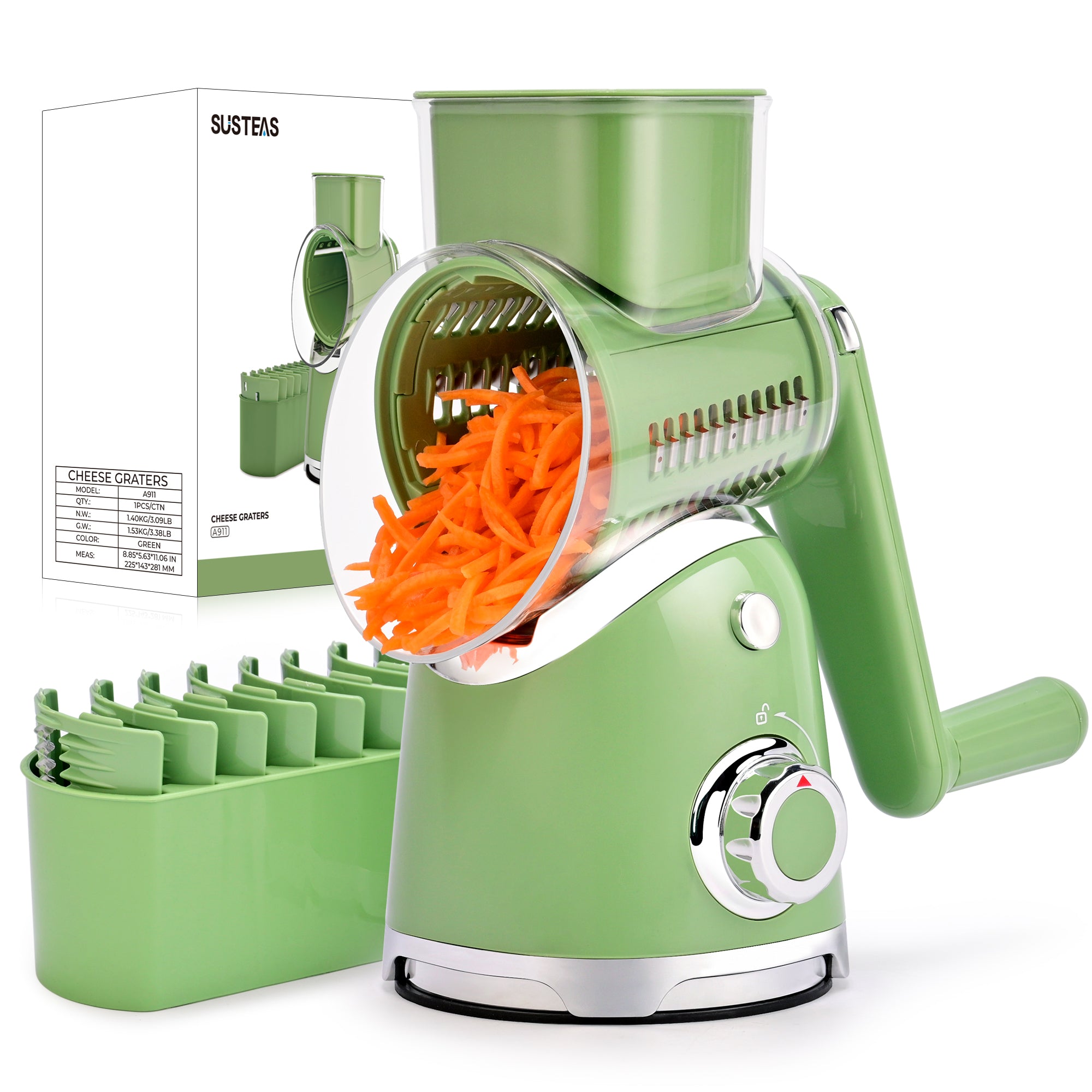 SUSTEAS New Rotary Cheese Grater & Vegetable Shredder with 5 Blades