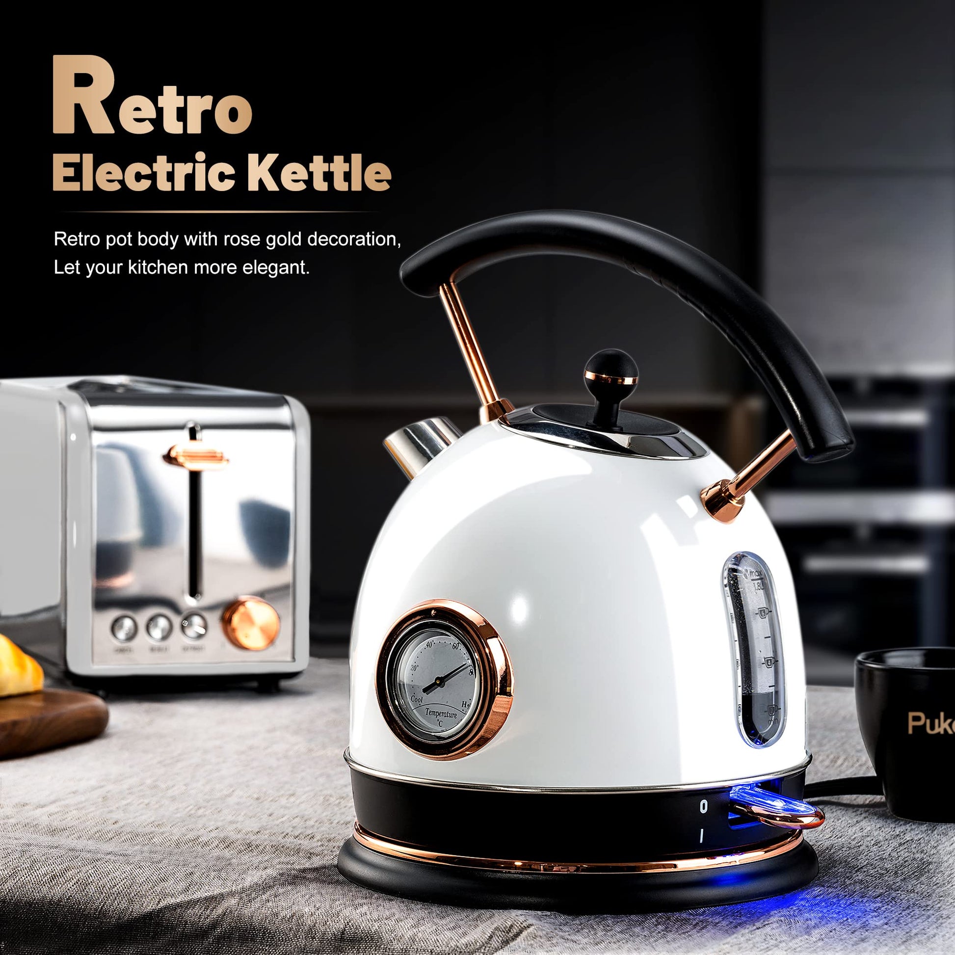 Pukomc 1.8L Electric Water Kettle with Temperature Gauge Curved Handle