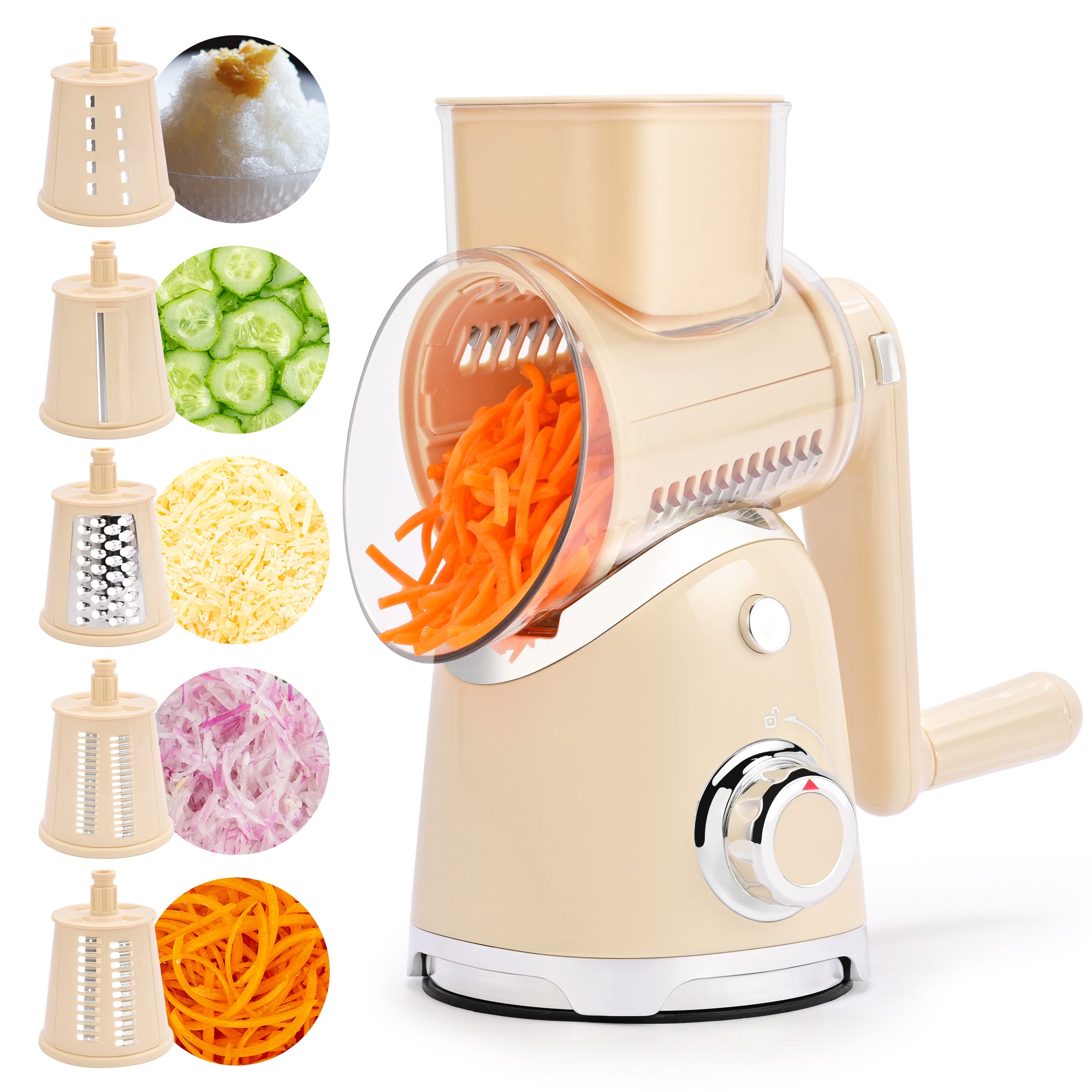 SUSTEAS New Rotary Cheese Grater & Vegetable Shredder with 5 Blades