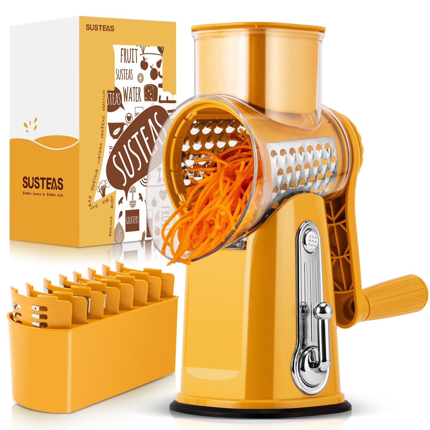 SUSTEAS Rotary Cheese Grater with Handle, Vegetable Food Shredder with 5 Well-designed Blades & Strong Suction Base, Round Mandoline Slicer & Fruit Slicer for Kitchen